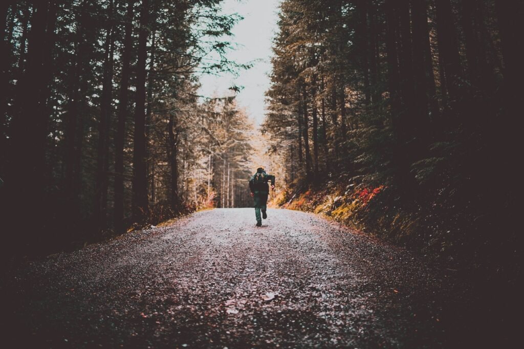 A person trail running through the forest on a dirt road.