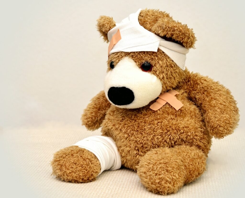 A stuffed bear with bandages all over. Don't progress to quickly, or you'll get injured when you start running.