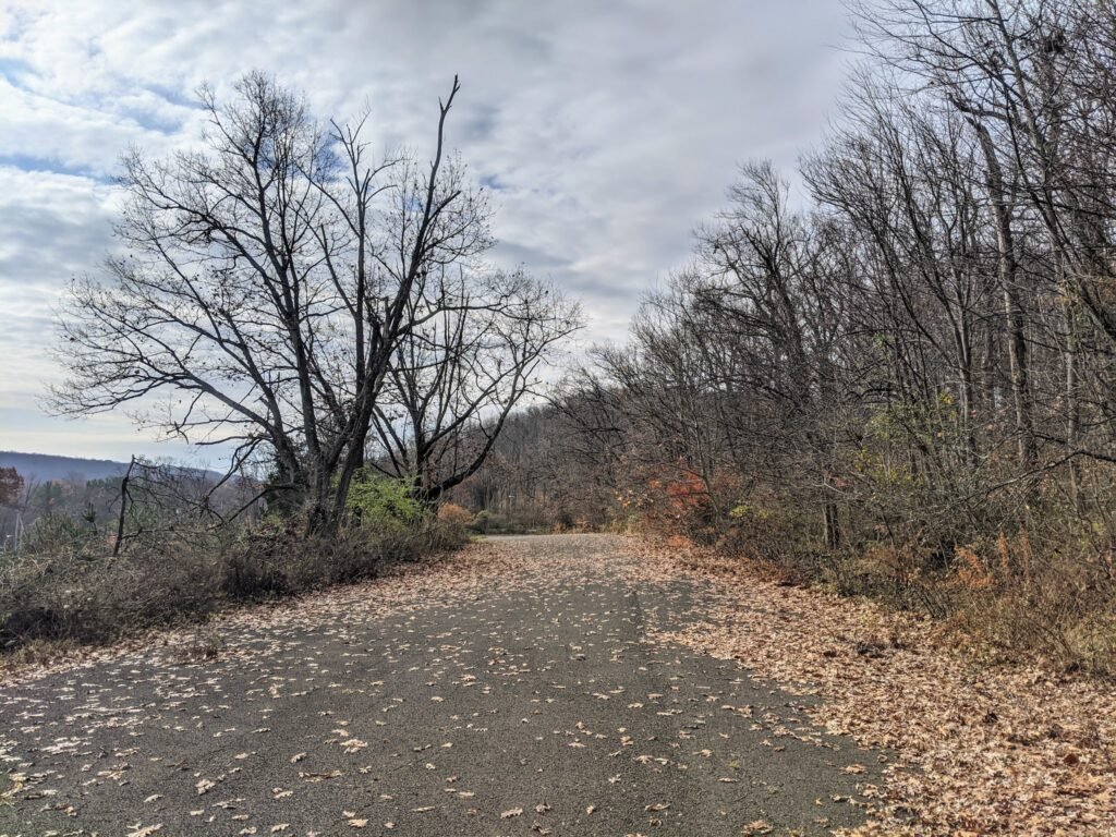 The top of Valley View Drive, where it opens up into a large paved area.