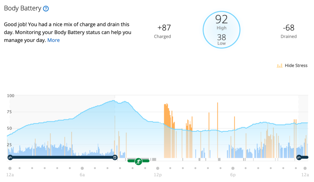 A graph of my Body Battery Energy Monitor from a Sunday.