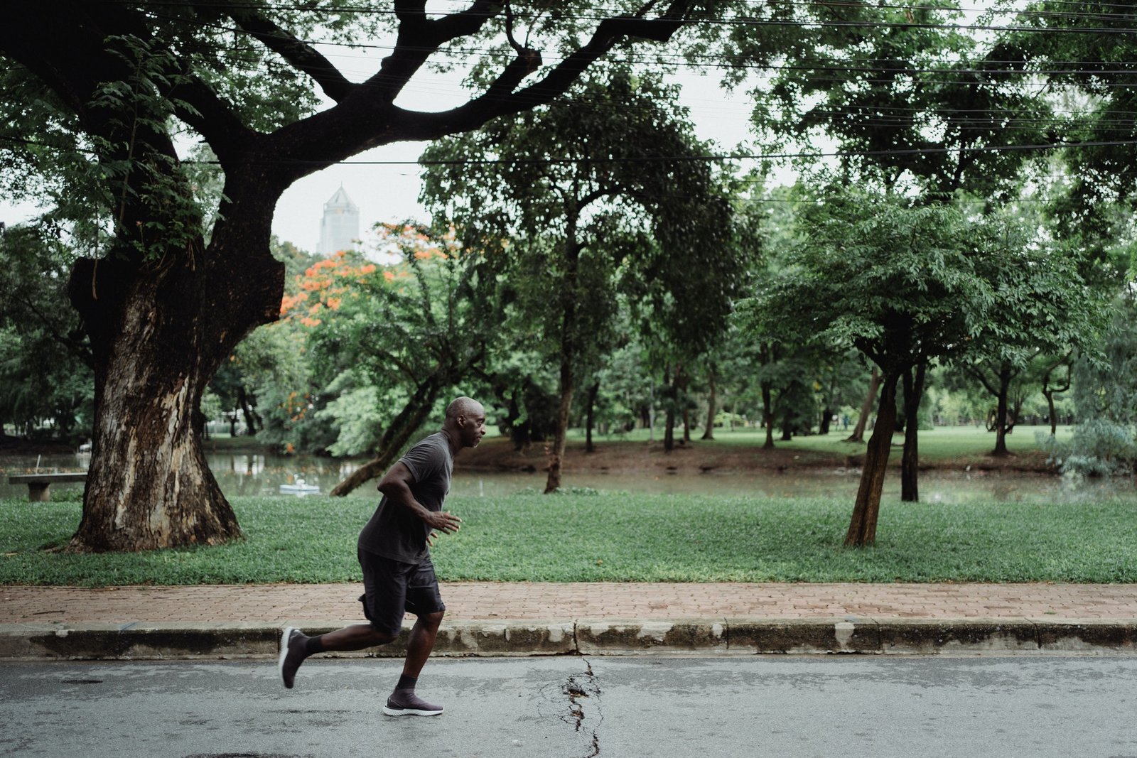 A man running for weight loss, with trees in the background. It isn't easy, but it works with consistency.
