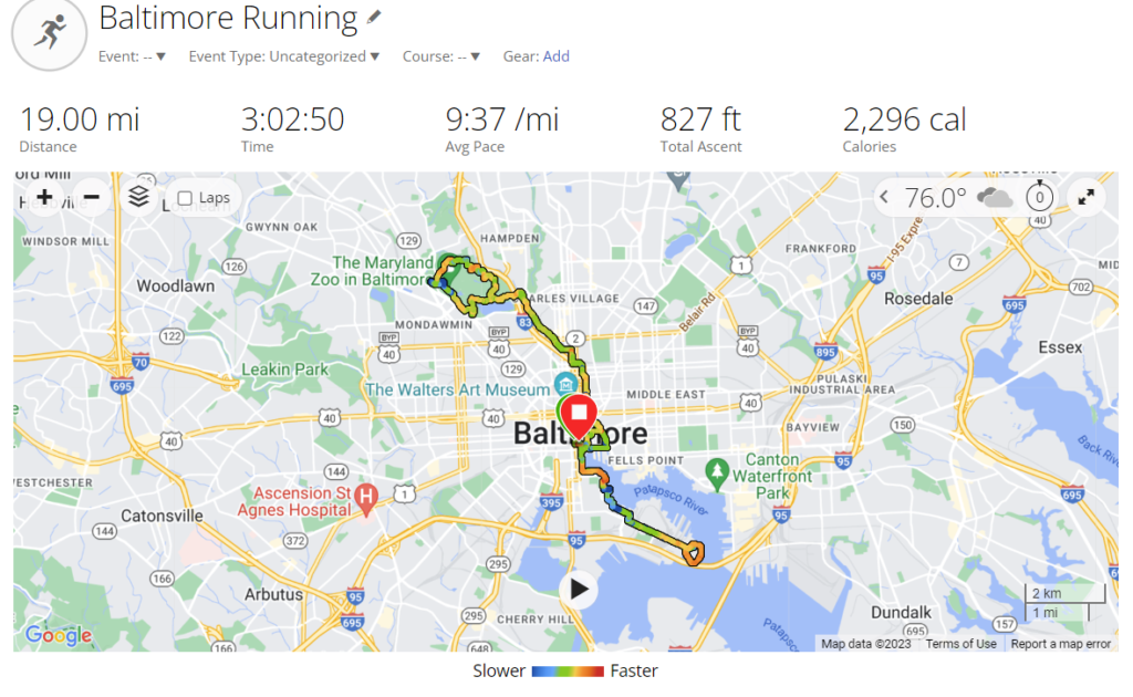 Map of a running route through Baltimore.
