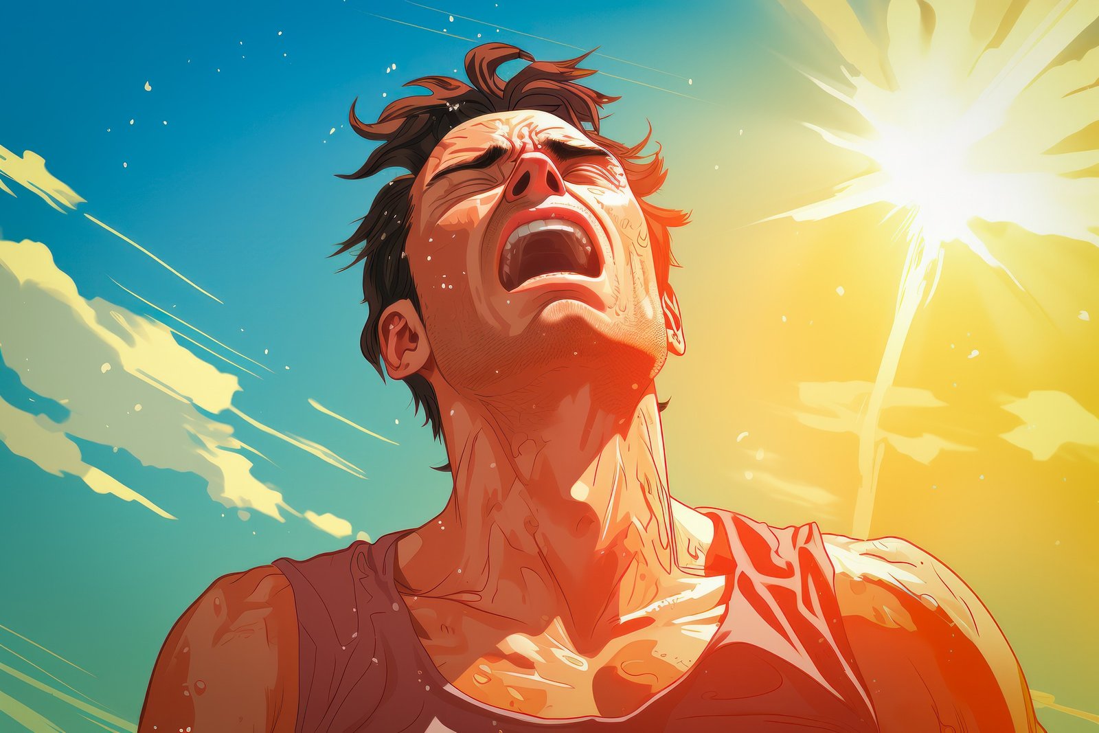 A drawing of a man running in the summer with the hot sun behind him. He's tired and sweaty.