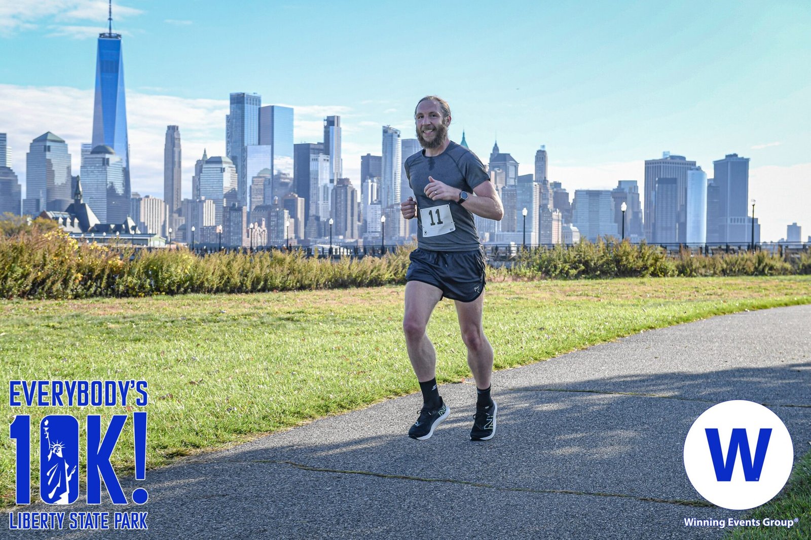 Me, running the Everybodys 10k Race at Liberty State Park, with the Manhattan Skyline in the background.