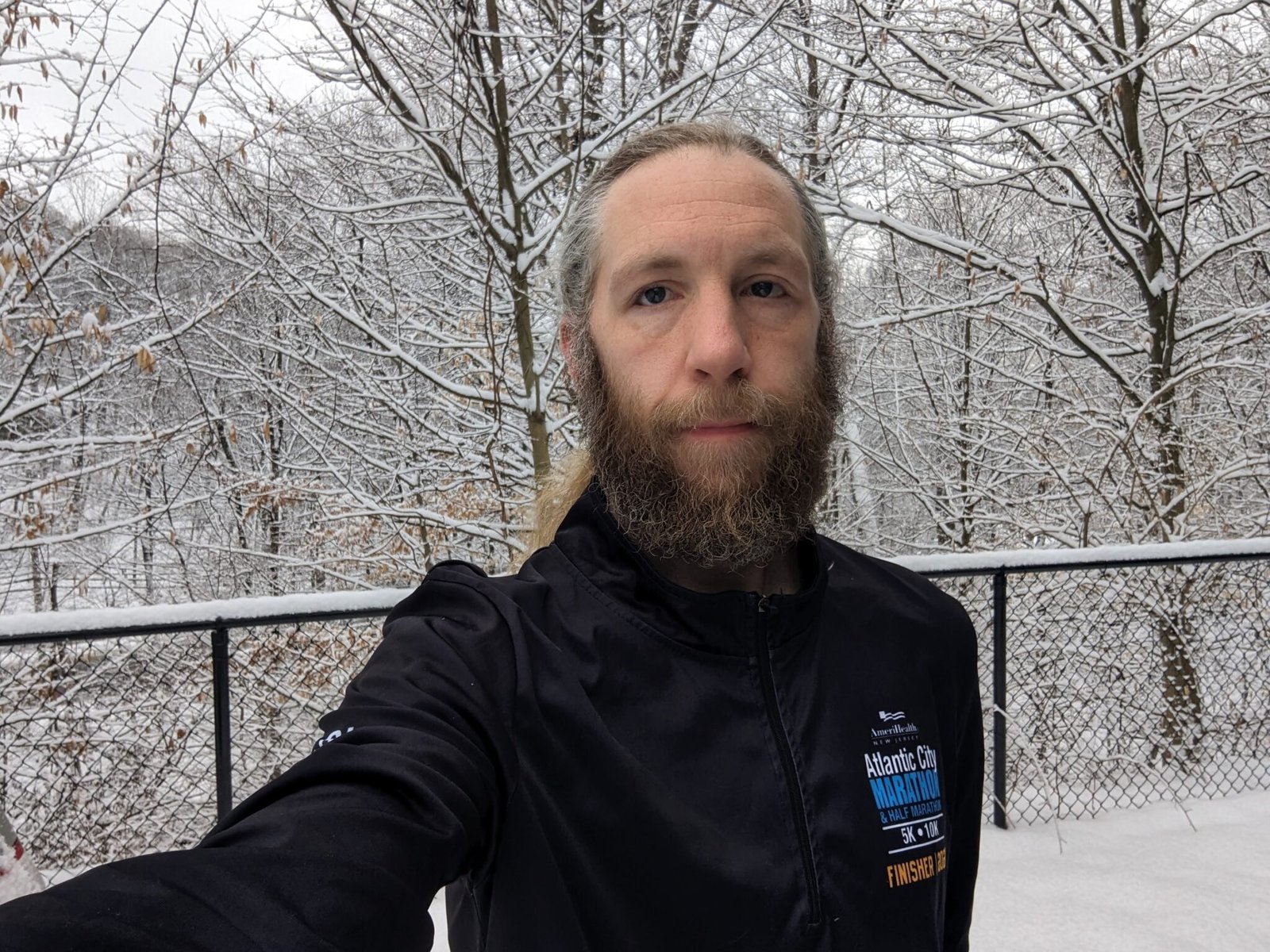 My, dressed for a run in the snow while training for the Jersey City Marathon.