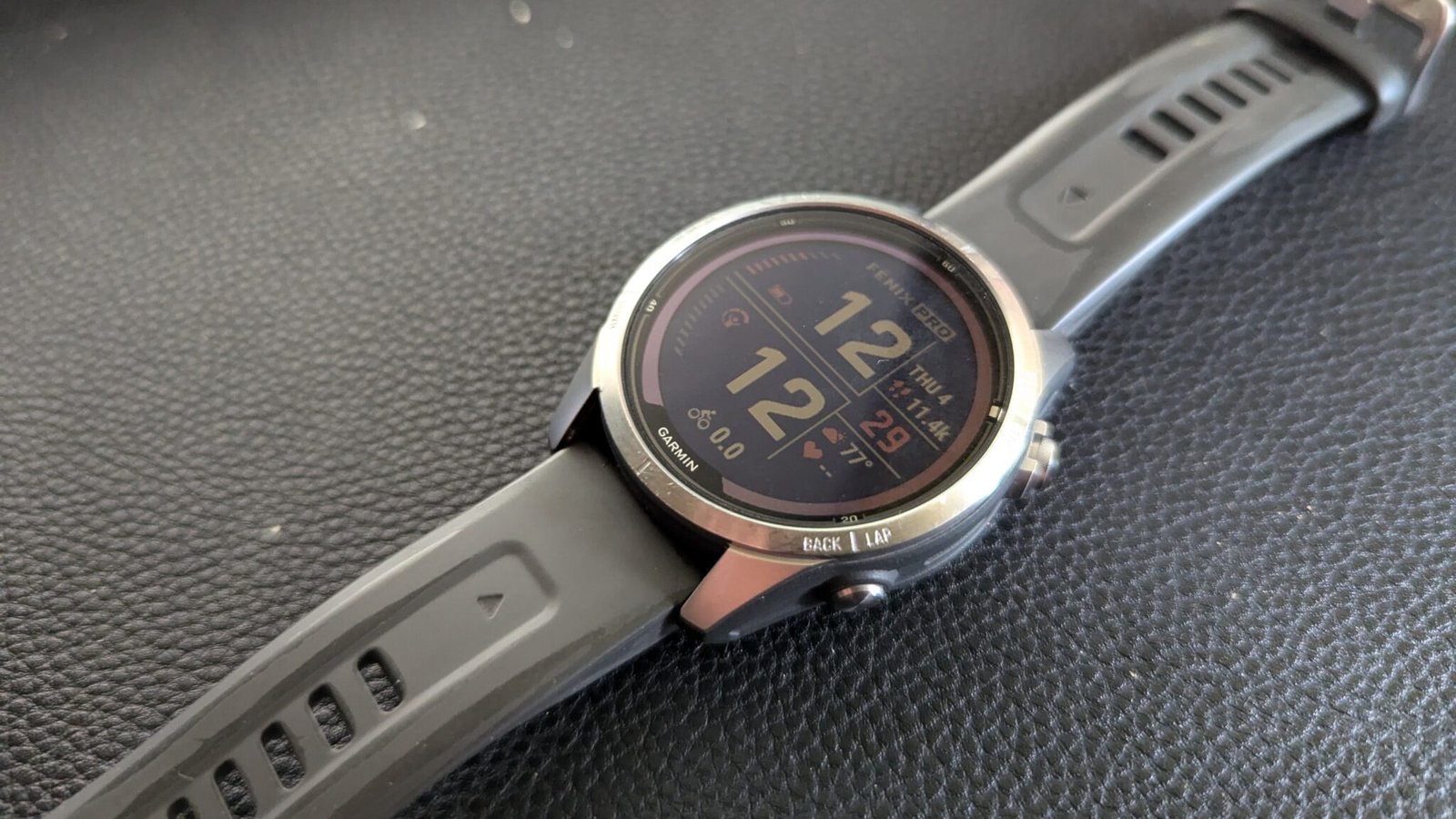 Close up of a Garmin Fenix 7S Pro running watch.