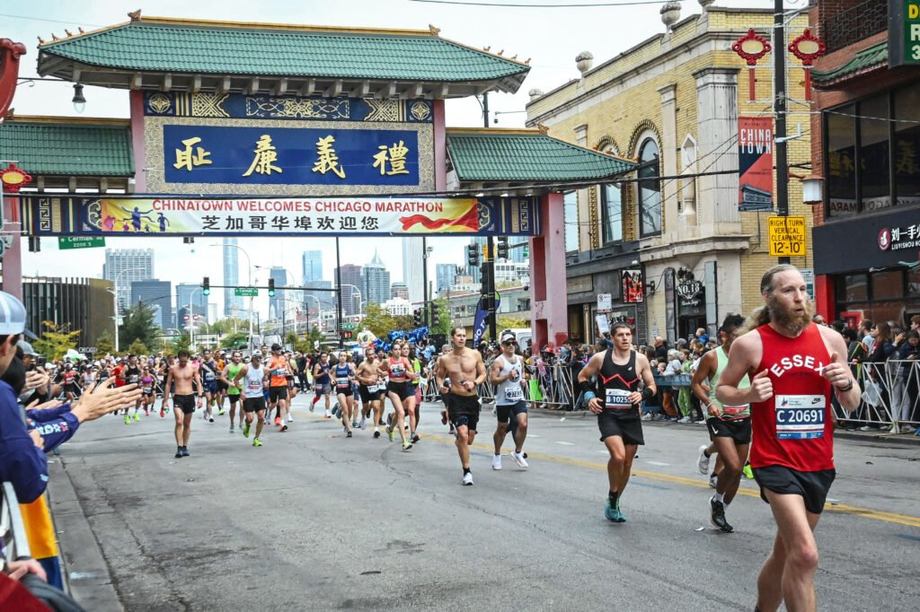 Me and a group of runners, with the Chinatown Gateway behind us, late in the Chicago Marathon