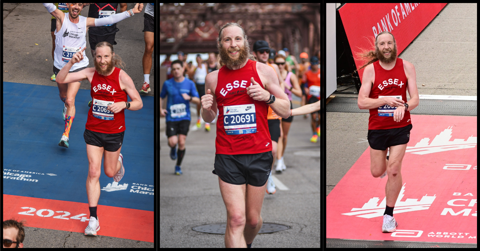 Three pictures of me at the Chicago Marathon - the start, the middle, and the finish