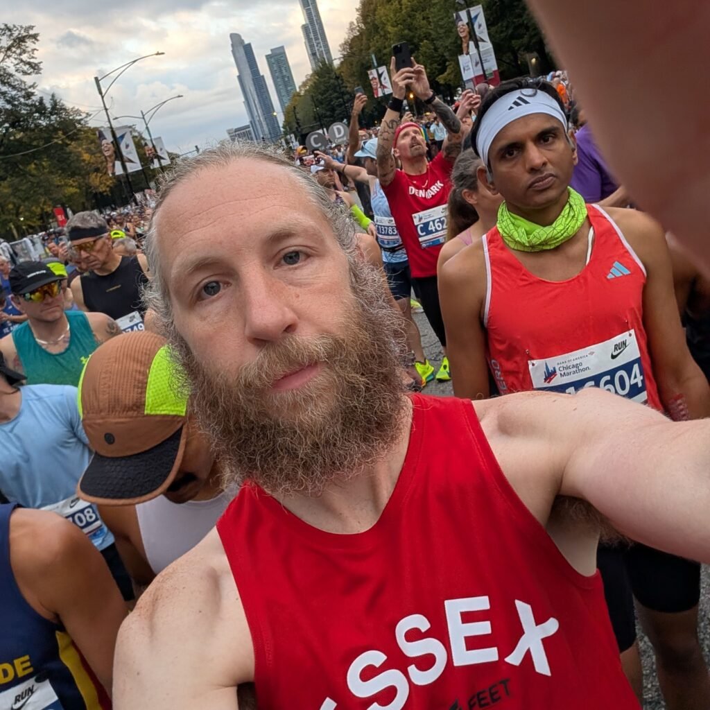 Me in Corral C at the Chicago Marathon, waiting to start. Skyline behind me.