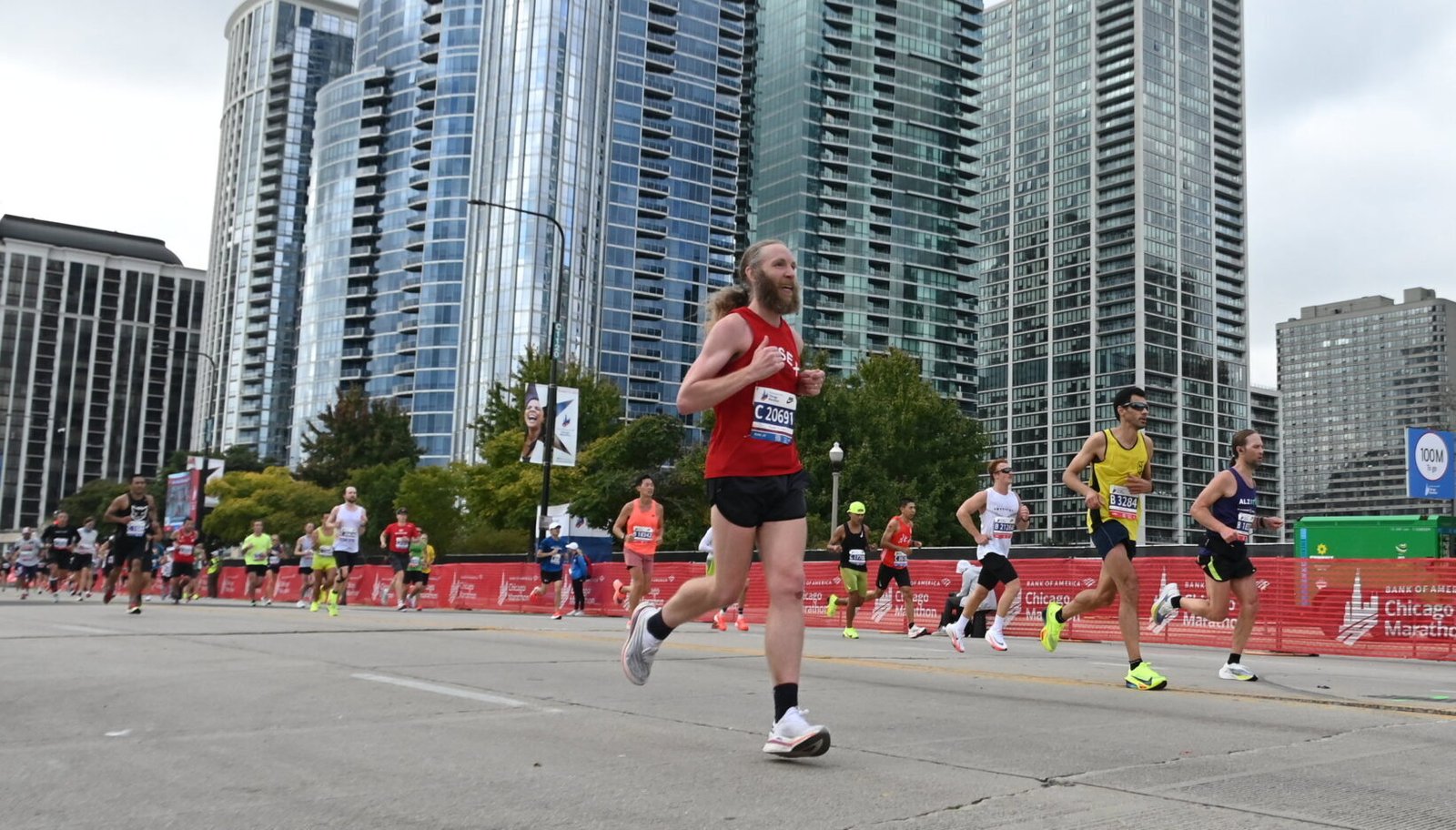 Me at the Chicago Marathon, with some skyscrapers in the rear view.