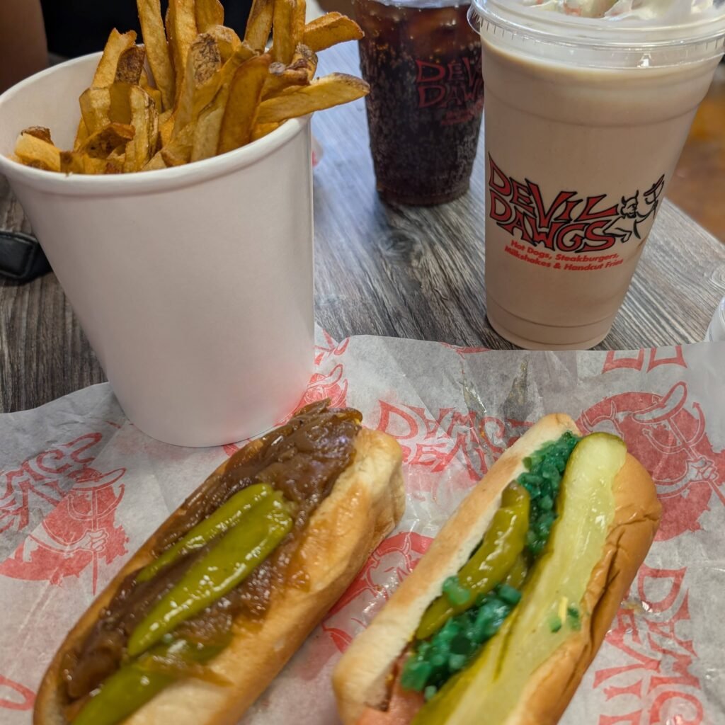 A Chicago Hot dog and a Street Polish from Devil Dawgs. Carb loading for the marathon!