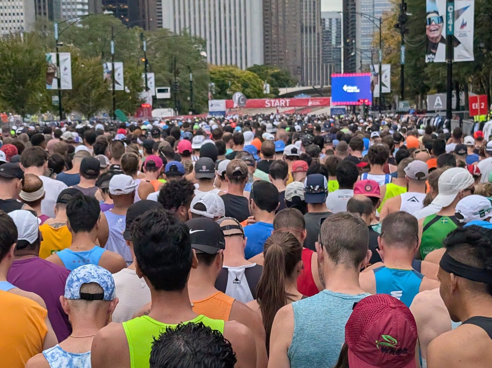 The view of the starting line from Corral C in the 2024 Chicago Marathon.