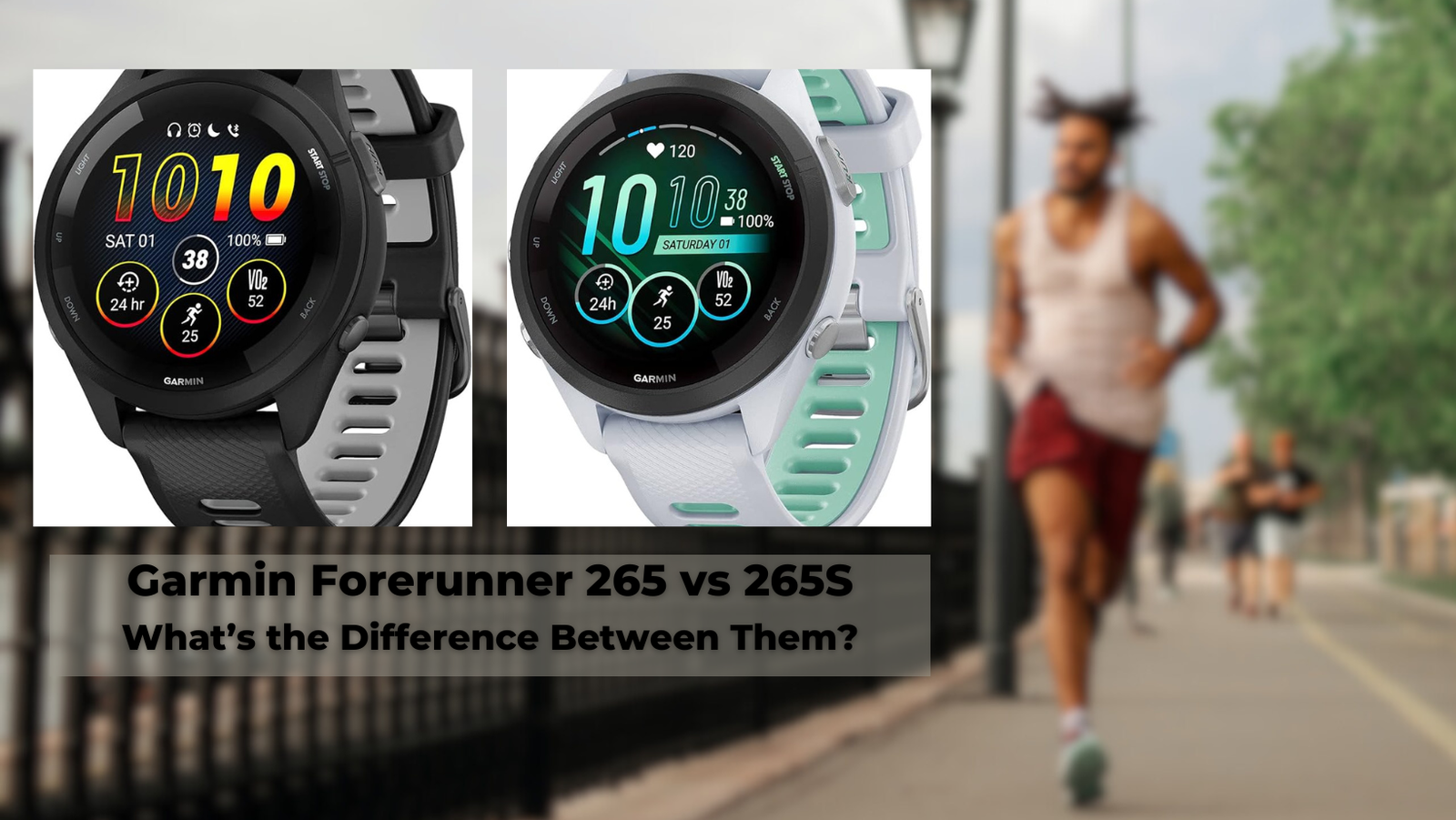 A picture of a Garmin Forerunner 265 next to a Garmin Forerunner 265S. For comparison.