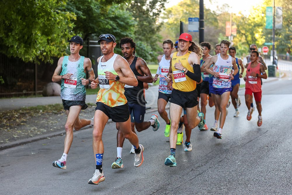 Ryan Ford, Andrew Colley, and a group of American men on their way to running the OTQ standard at Chicago.