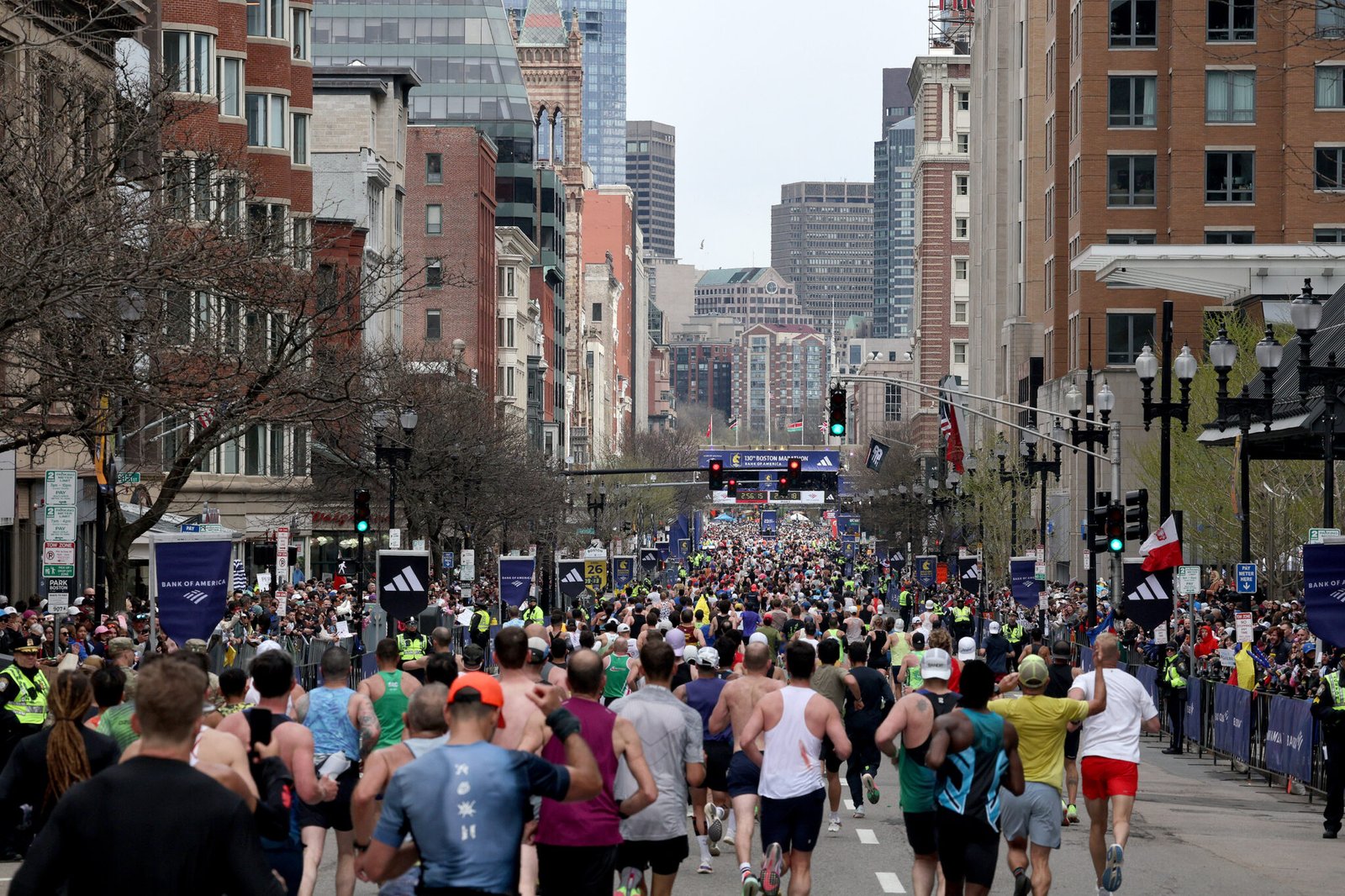 The mass field of participants at the 2026 Boston Marathon.